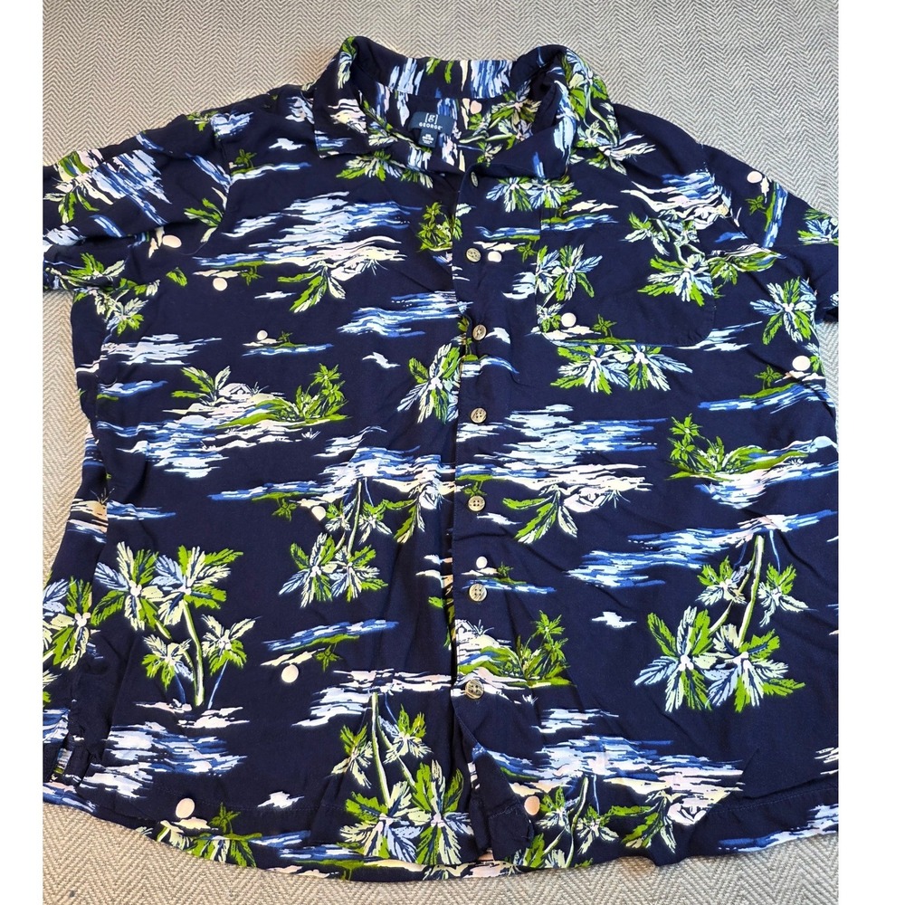 George Men 2XL Navy Blue Tropical Palm Tree Rayon Short Sleeve Button Down Shirt